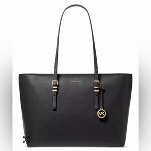 Michael Kors Quinn Large Pebbled Leather Tote Shoulder Bag Black and Gold